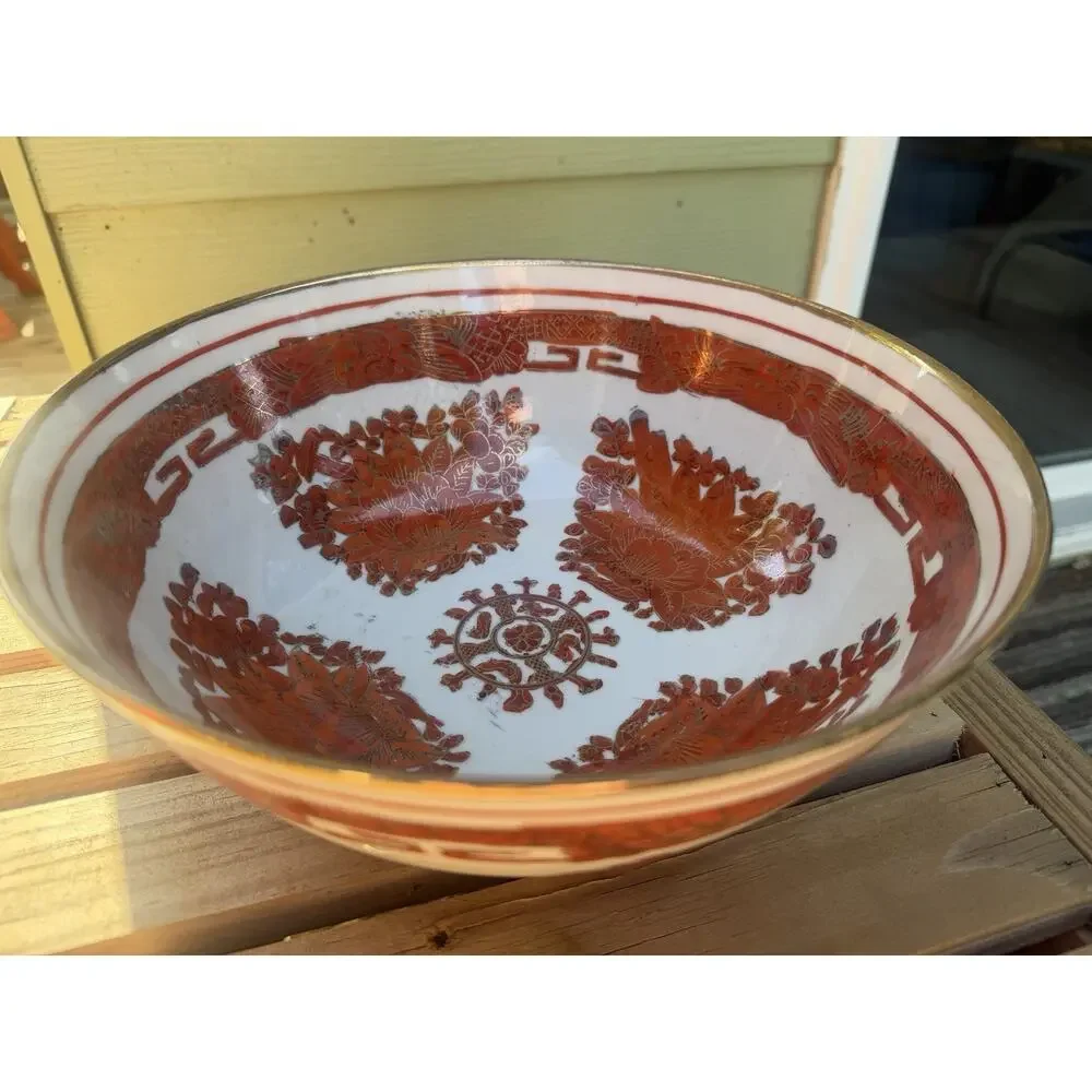 Japanese China MCM Bowl - Porcelain Hand Painted Red/Orange Gold Floral 10”